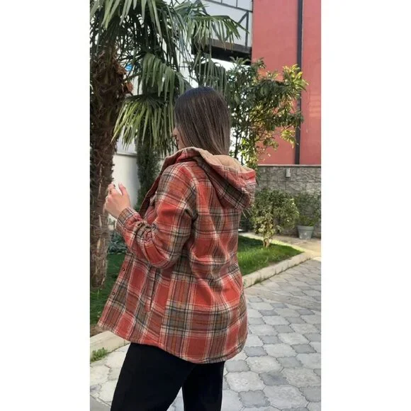 Women's Plaid Shacket Hooded Fleece Jacket Long Sleeve Button Front - Picture 6 of 8